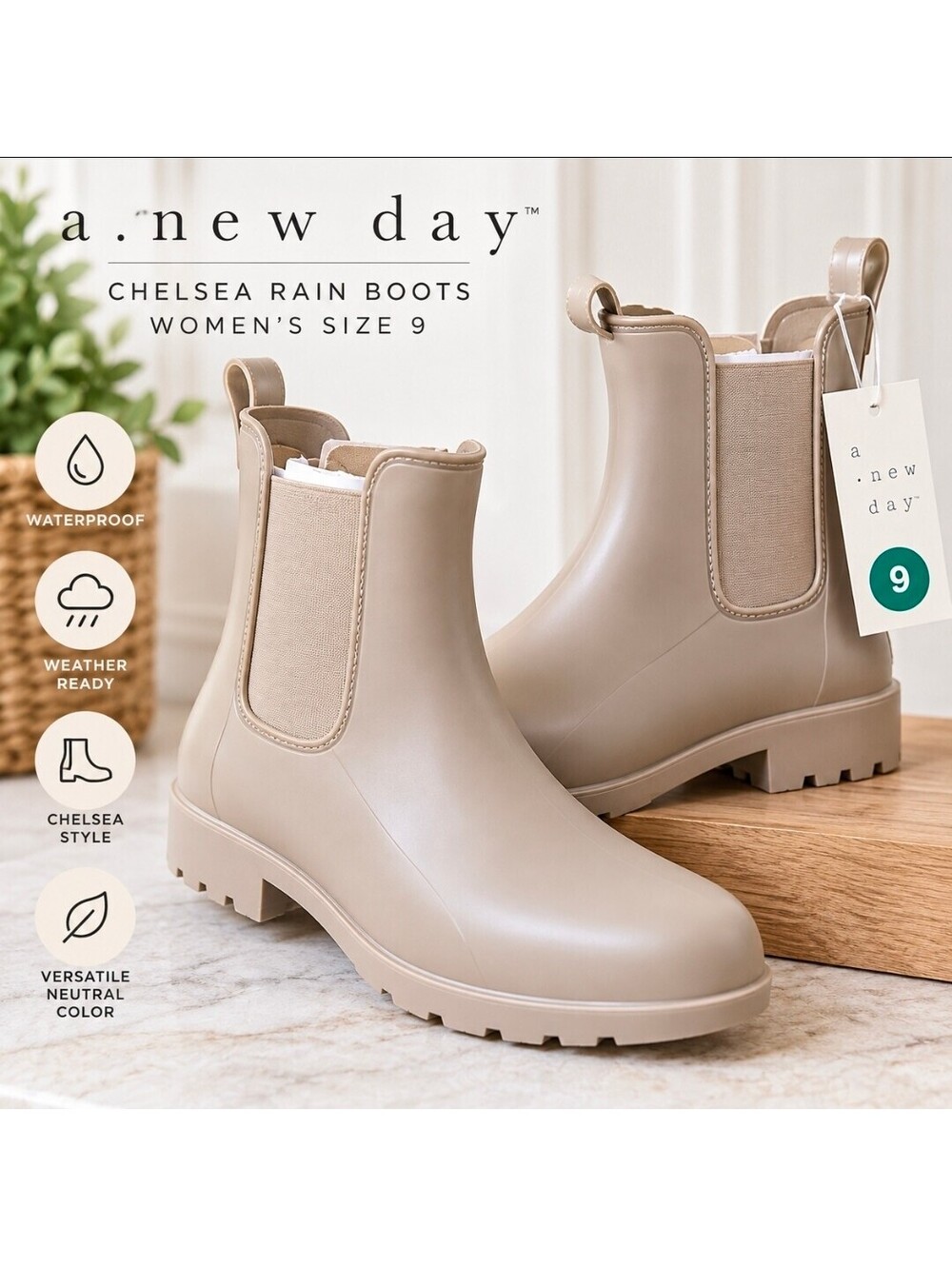 A New Day Women’s Chelsea Rain Boots Size 9 Taupe Beige Waterproof NWT